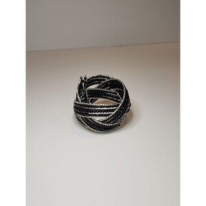 Vintage Beautiful Cuff Wrap Bracelet Silver Tone Black Beads 2" Wide
